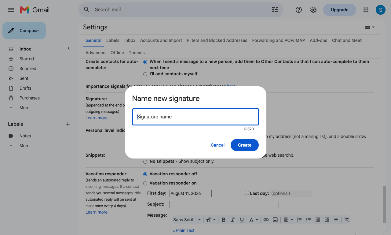 Name new signature dialog with a text field for the signature name