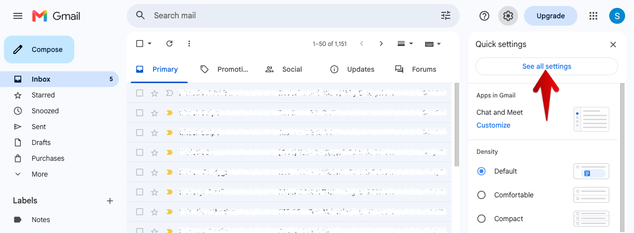 Gmail Quick settings panel with an arrow pointing at the See all settings link