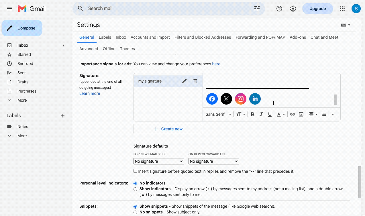 Animation of selecting the old icons in a Gmail signature, deleting them, and pasting the new Footerico icons in their place