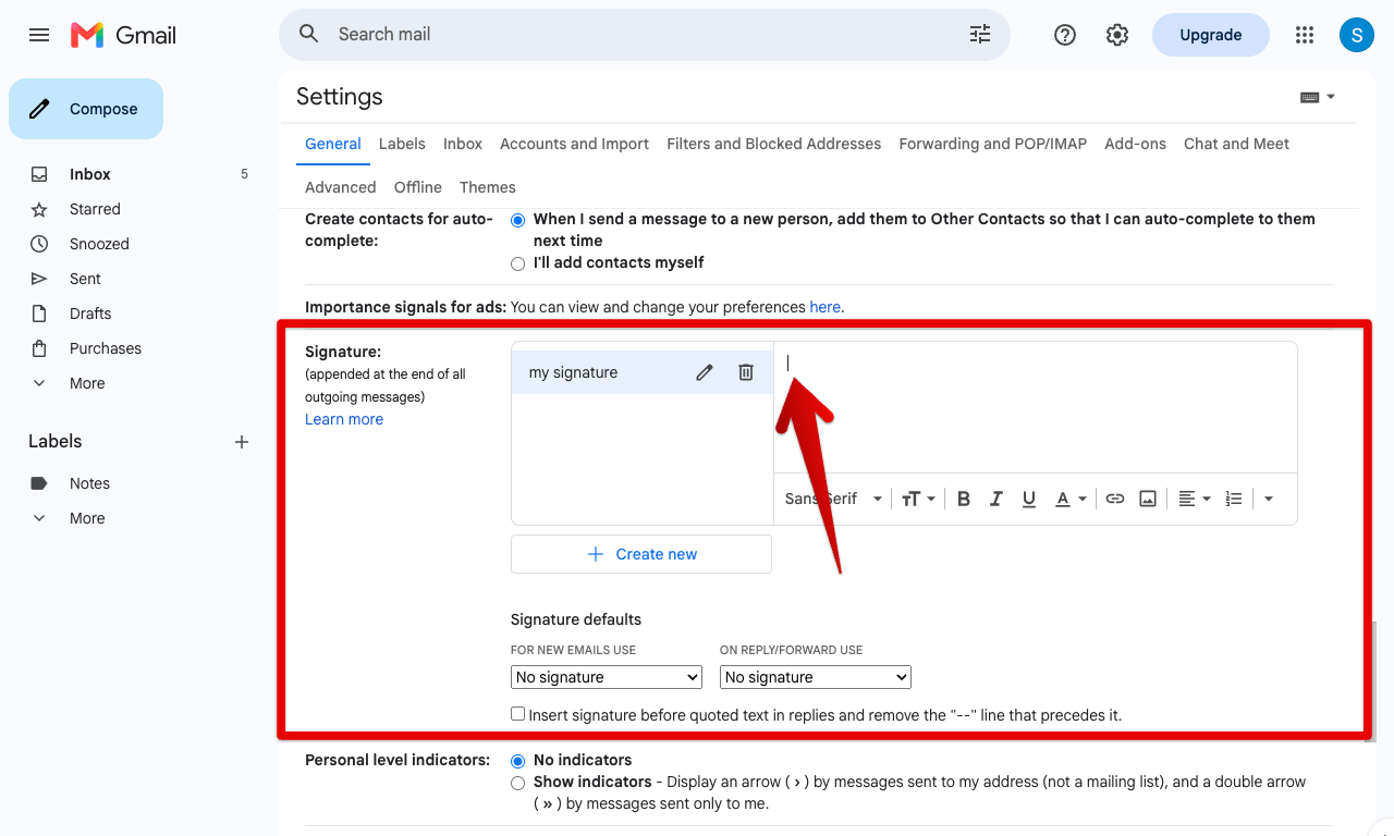 Gmail signature editor with the new, empty signature named and the cursor in its text box, ready to paste