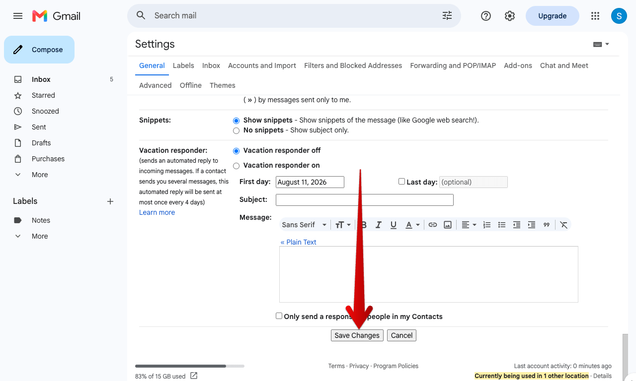 Gmail settings page scrolled to the bottom with an arrow pointing at the Save Changes button