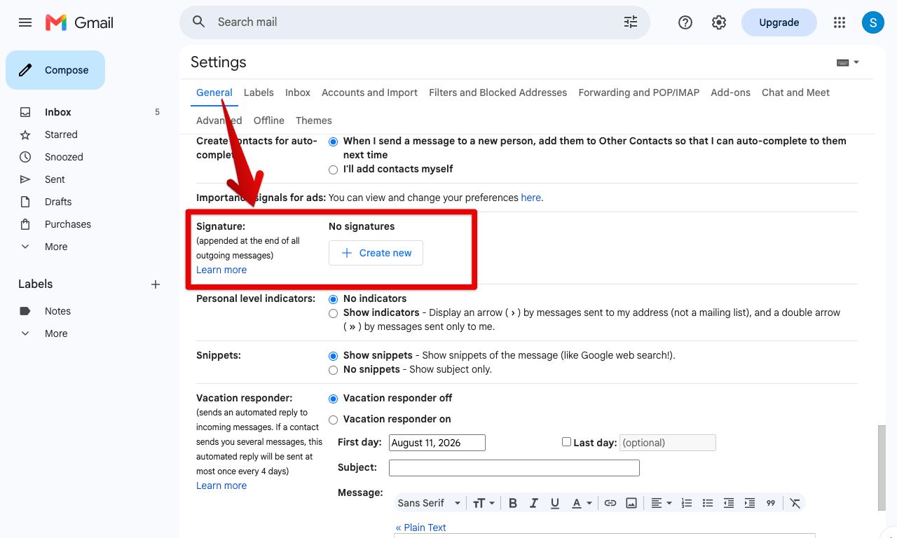 Gmail General settings scrolled to the Signature block, showing No signatures and a Create new button