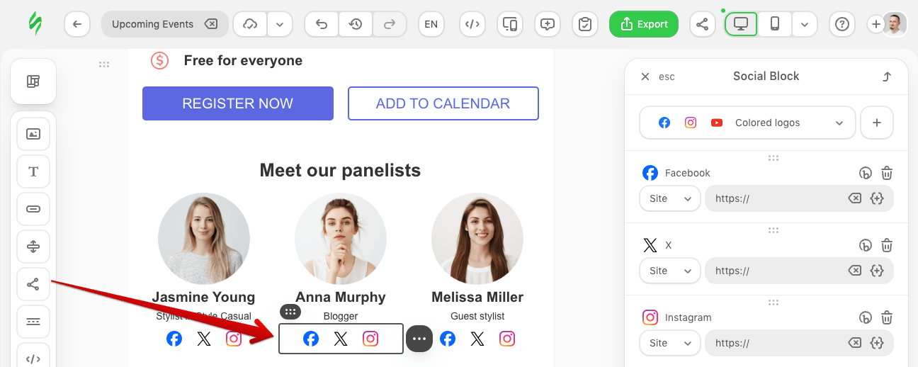 Stripo editor with the Social block dropped into the panelists row, default Facebook, X, and Instagram icons shown in the Social Block panel on the right