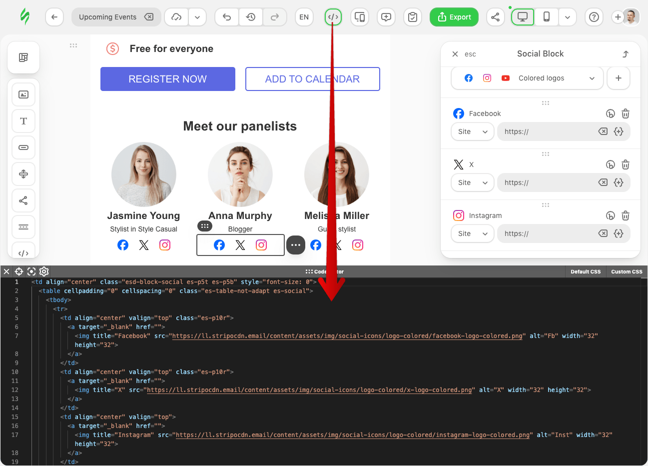 Stripo toolbar with the code icon highlighted, arrow pointing down to the opened Code Editor panel showing the Social block's HTML