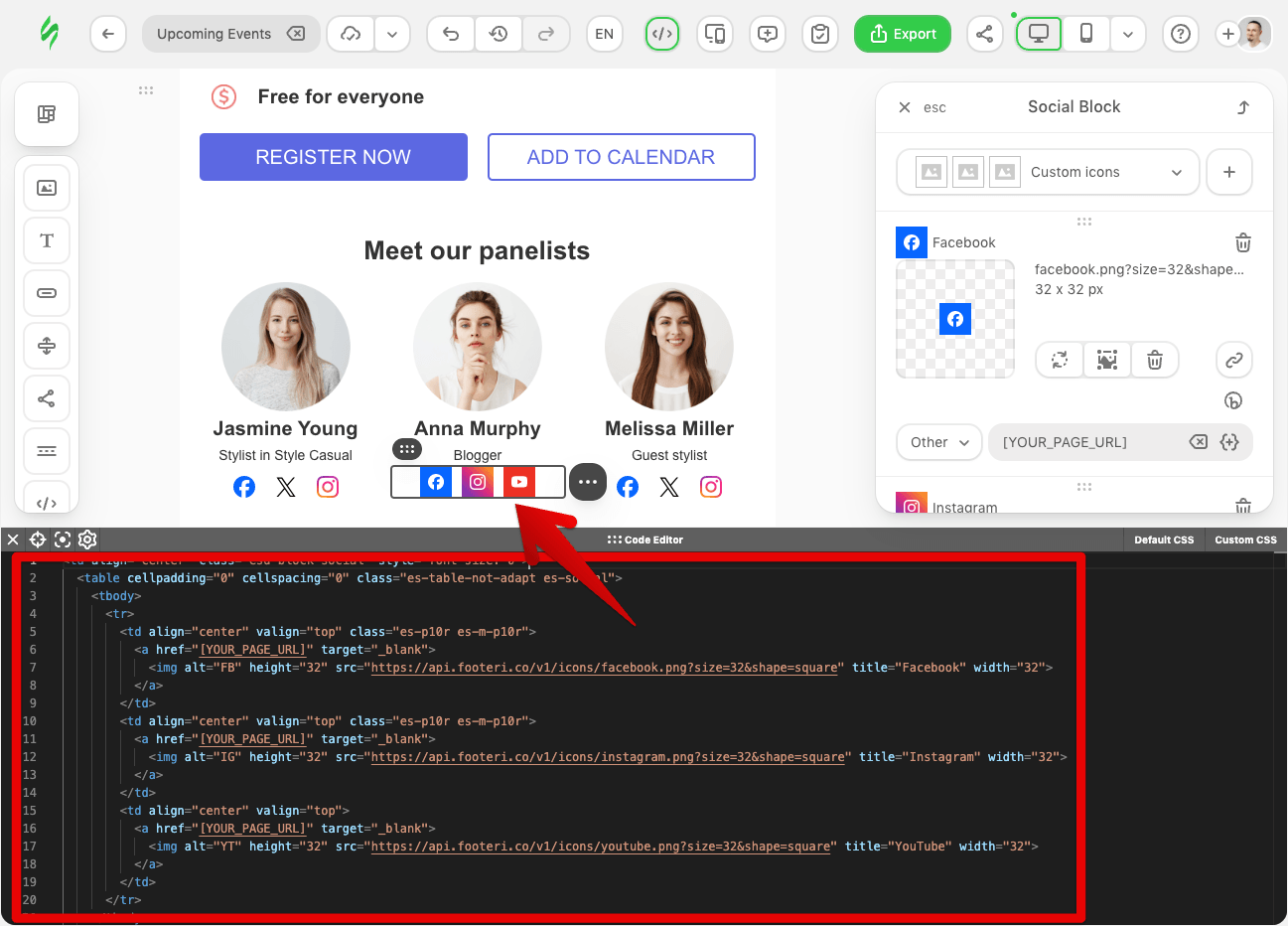 Code Editor with Footerico's HTML pasted in place of Stripo's code, Social Block panel now showing Custom icons with the new Facebook, Instagram, and YouTube marks